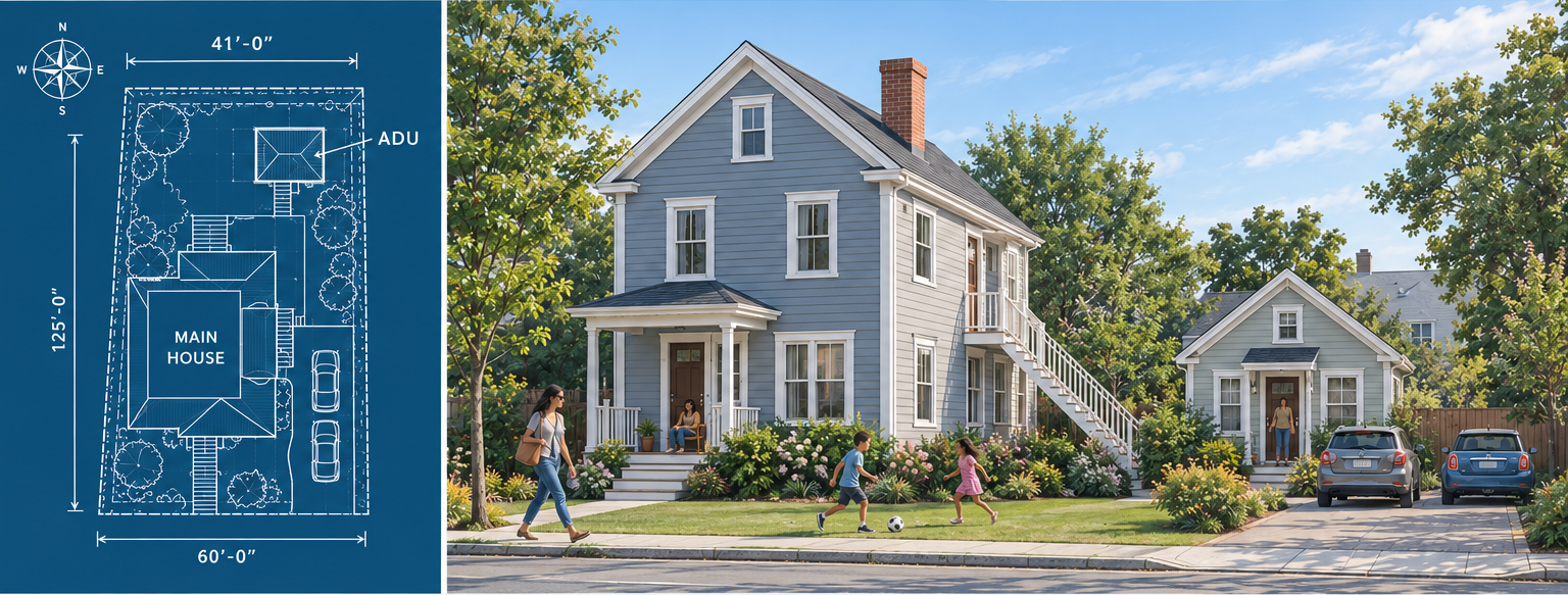 Left: a blueprint site plan of one lot showing the main house, a second unit, and a backyard ADU. Right: the same lot built — a Portsmouth house with an exterior stair to a second-floor unit and a small cottage behind it, on a sunny street
