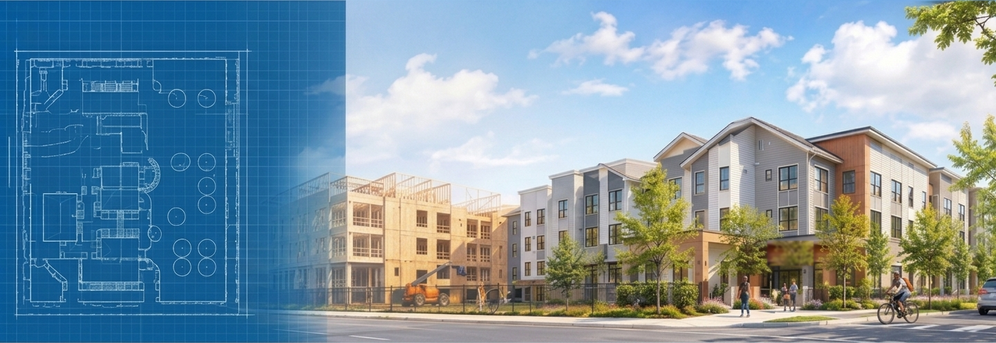 From blueprint to built: a site plan at left resolving into a workforce apartment building under construction and complete, on a sunny street